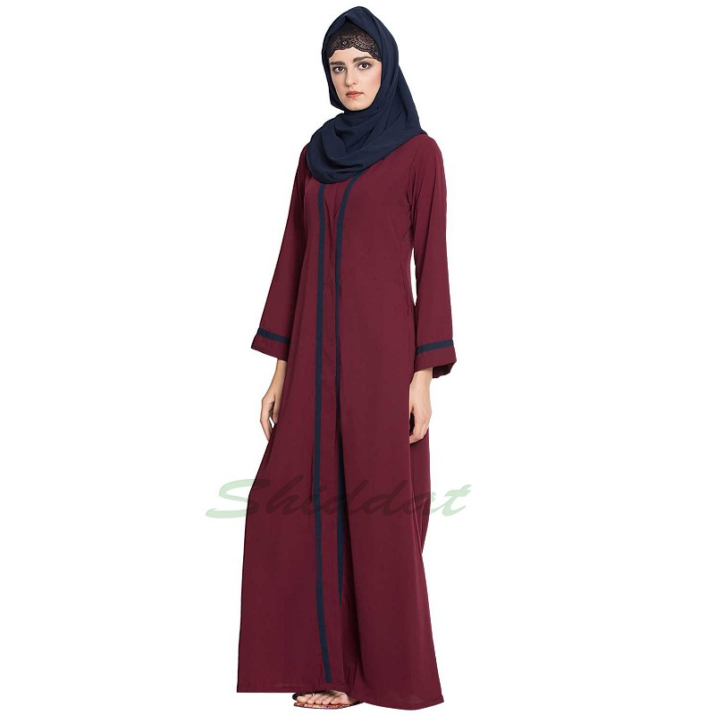 Abaya online Buy maroon color Islamic front open abaya made from Nida